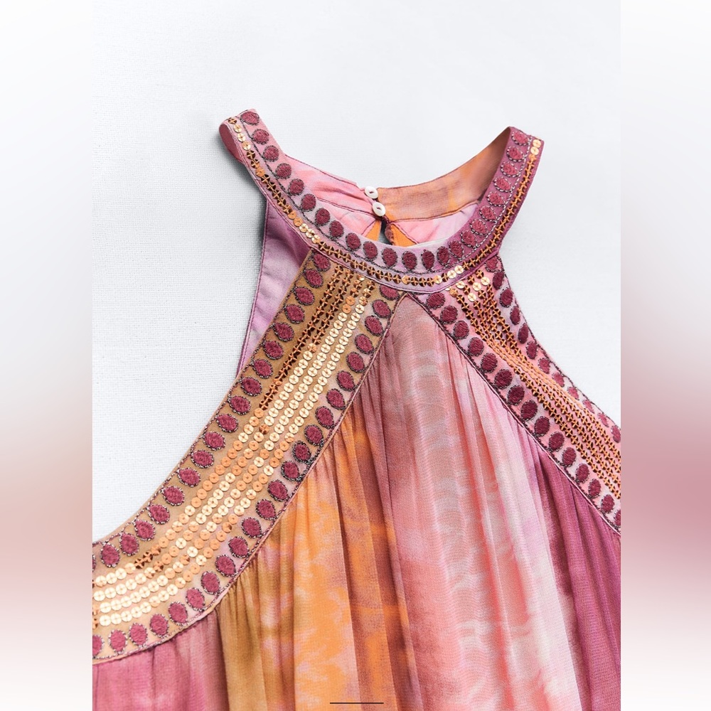 Zara chiffon SEQUIN beaded embellished TIE-DYE maxi DRESS sz.S - Picture 11 of 17